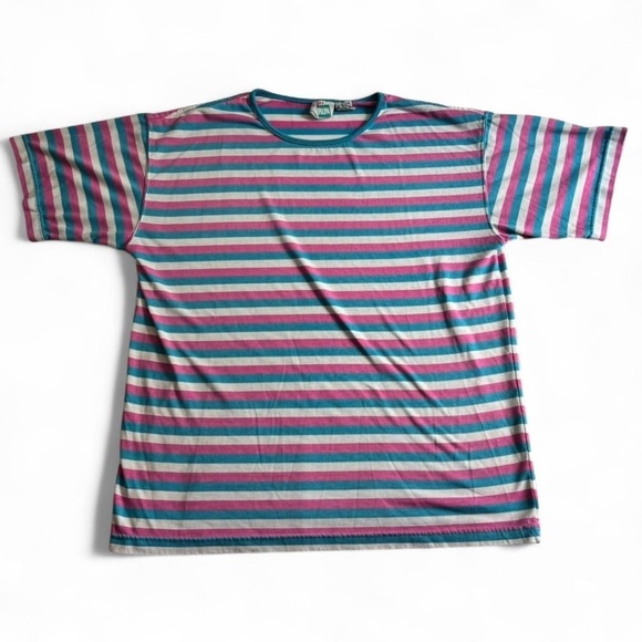 First Run Tops - Vintage First Run Women's Medium Stripe Ring Neck T Shirt Pink Blue Boxy Fit